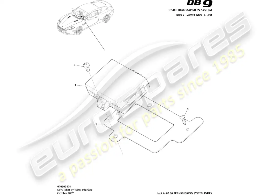 aston martin db9 (2008) cambio por interfaz de cable diagrama de piezas