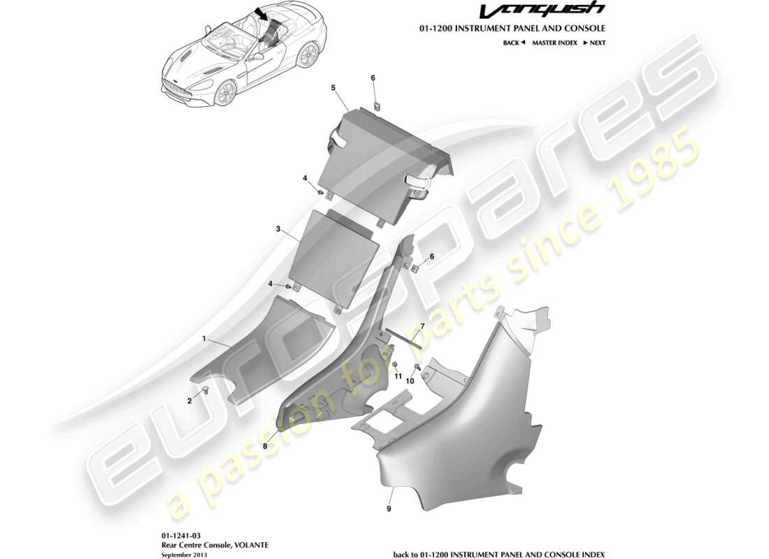aston martin vanquish (2017) consola trasera, diagrama de piezas del volante