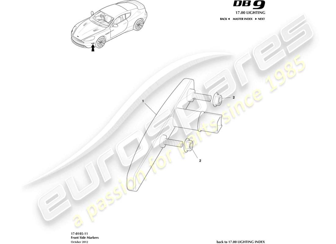 aston martin db9 (2015) diagrama de piezas de los marcadores laterales delanteros