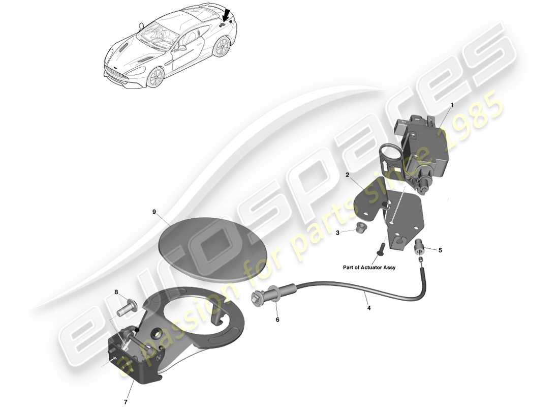 aston martin vanquish (2013) mecanismo de llenado de combustible, cupé diagrama de piezas