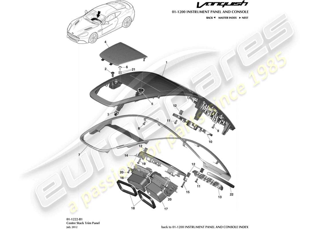 aston martin vanquish (2017) panel de moldura de la consola central diagrama de piezas