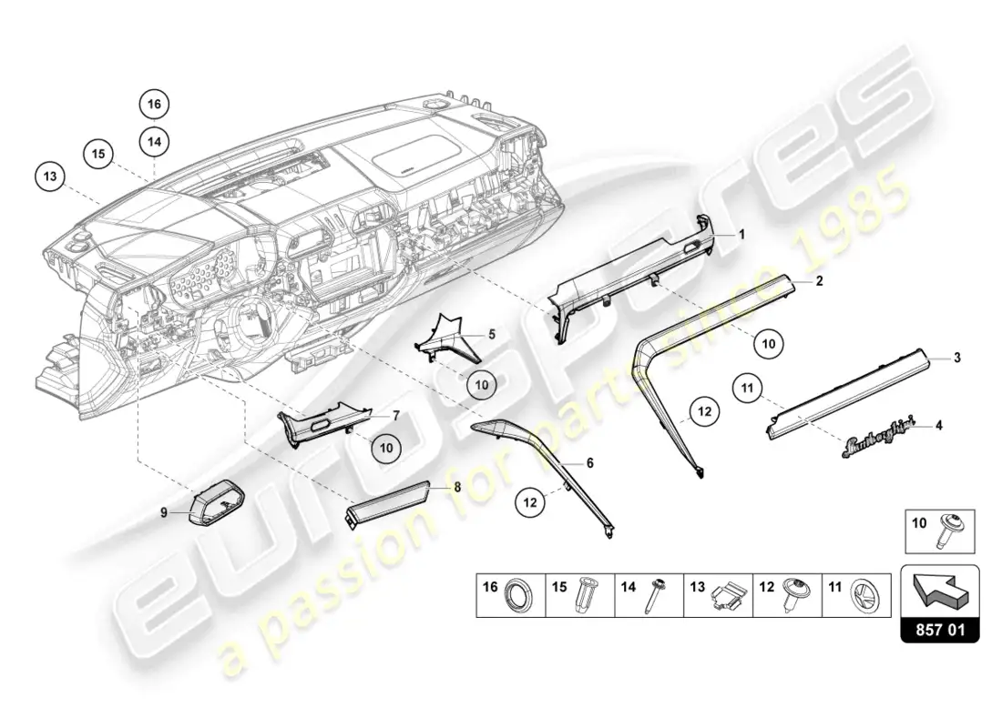 lamborghini urus (2022) panel de adorno para el panel de salpicadero diagrama de piezas