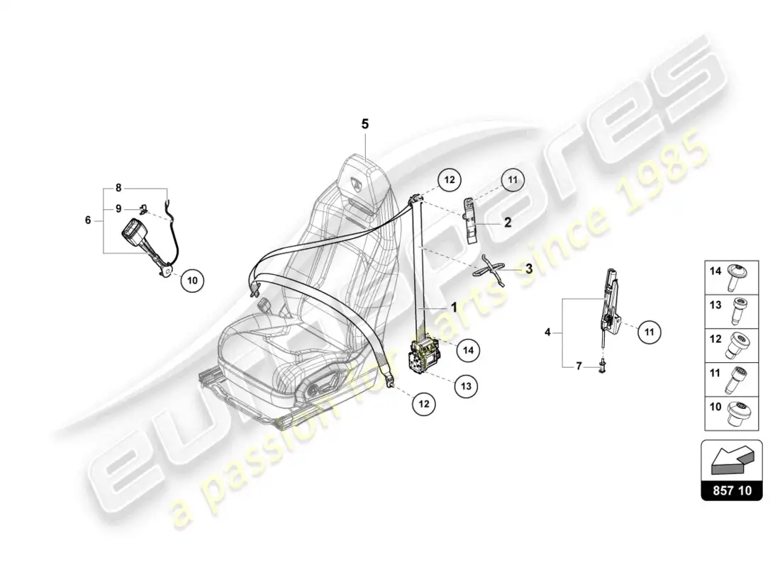 lamborghini urus (2022) cinturón de seguridad de tres puntos delantero diagrama de piezas