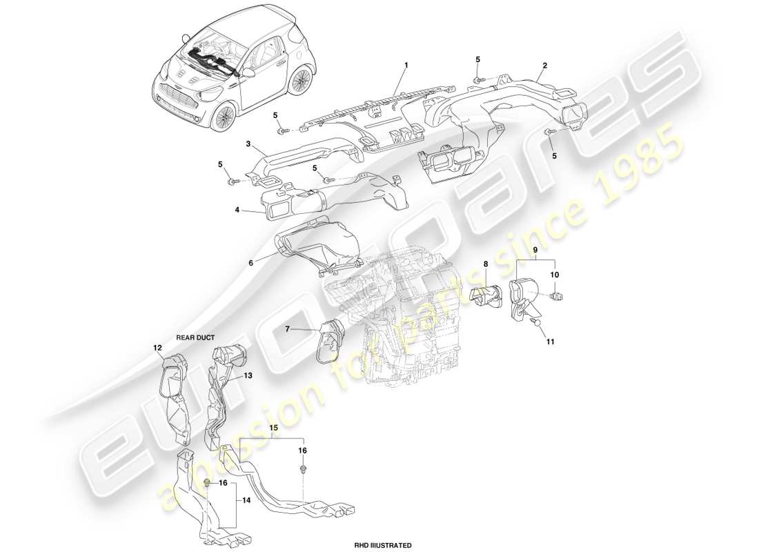 aston martin cygnet (2012) diagrama de piezas de los conductos de distribución de aire
