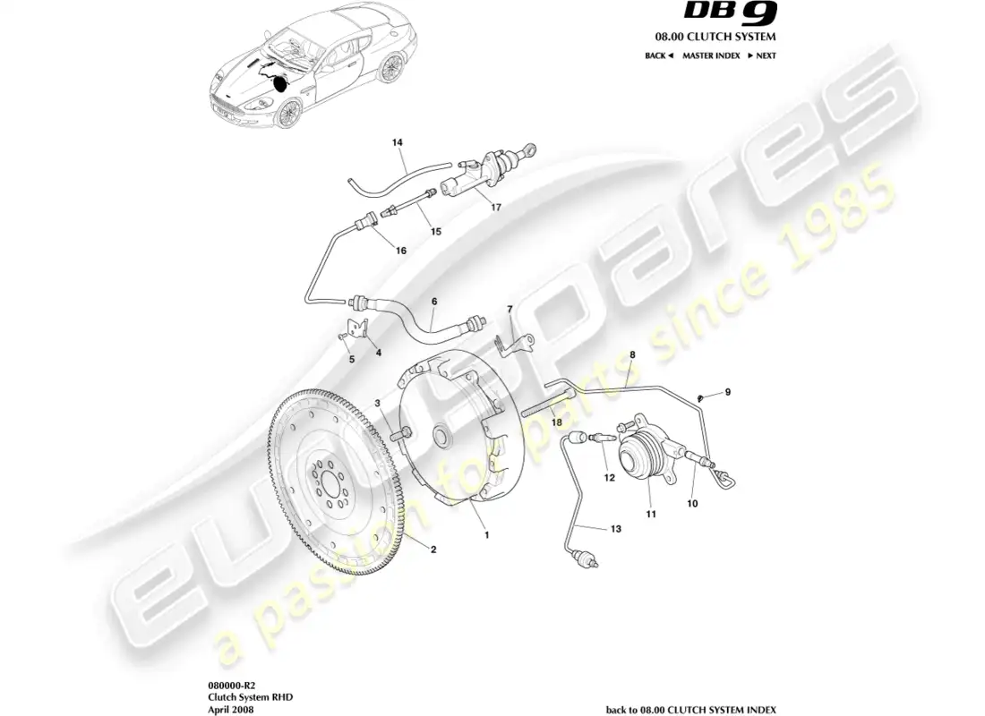 aston martin db9 (2012) sistema de embrague, lado derecho diagrama de piezas