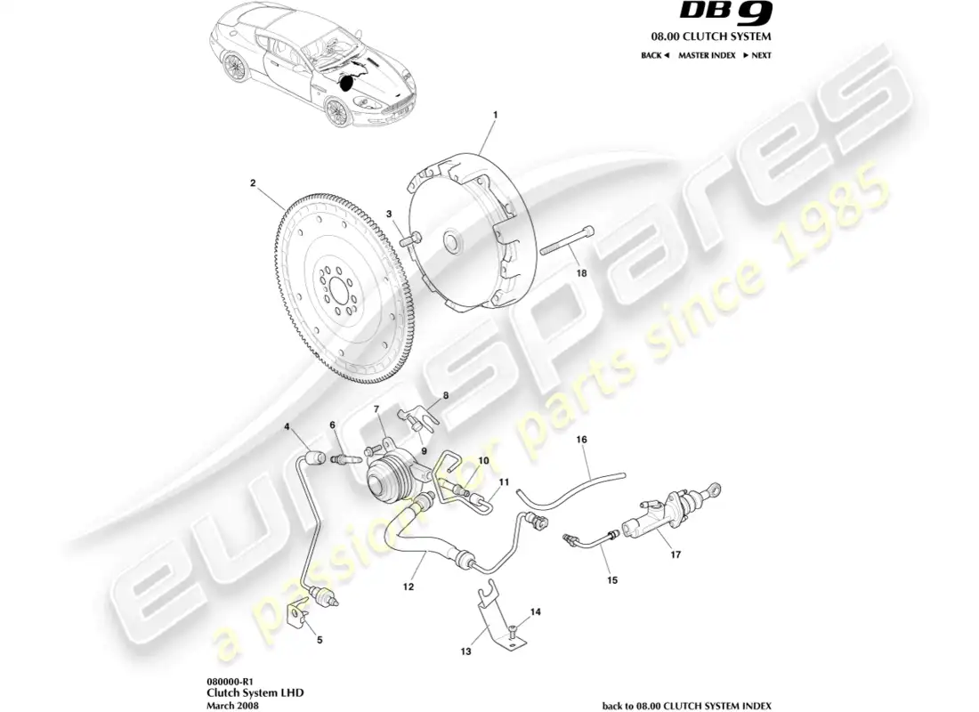 aston martin db9 (2012) sistema de embrague, volante a la izquierda diagrama de piezas