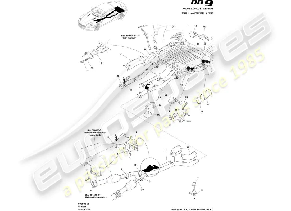 aston martin db9 (2012) sistema de escape diagrama de piezas