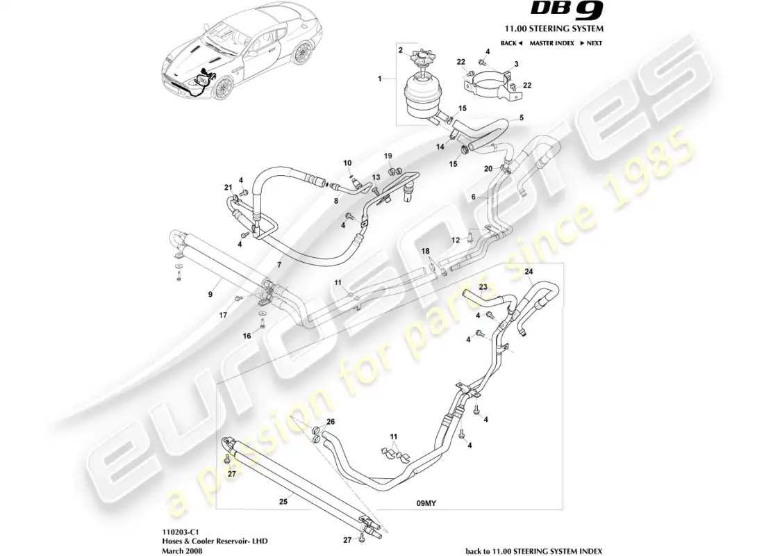 aston martin db9 (2012) enfriador, mangueras y depósito, lhd diagrama de piezas