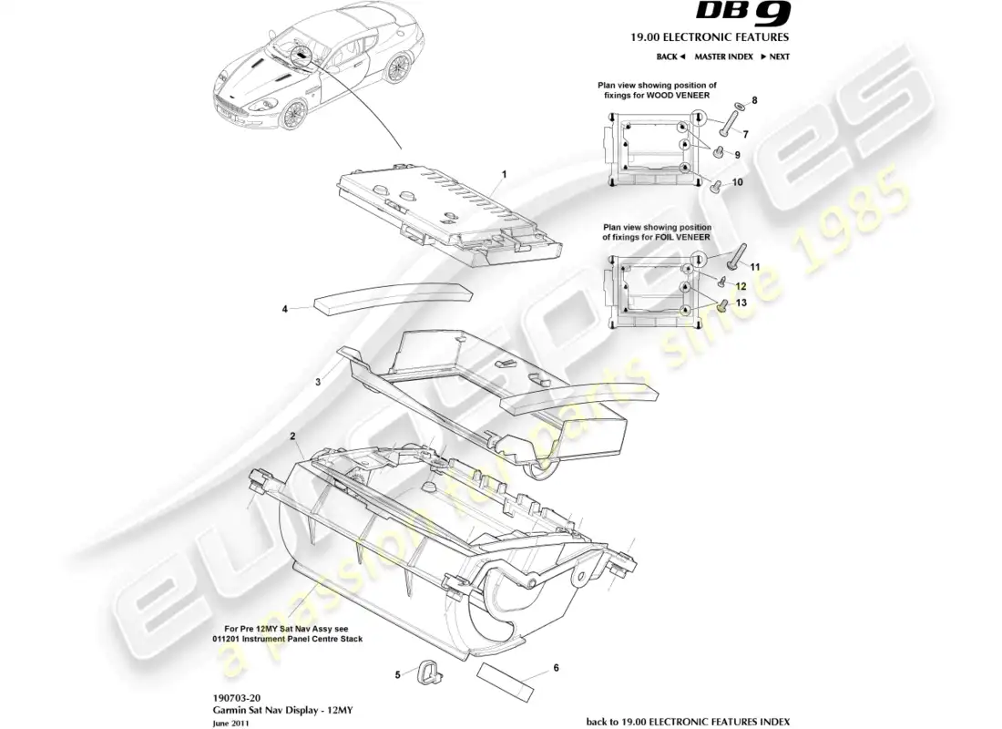 aston martin db9 (2012) pantalla de navegación por satélite, 12my encendido diagrama de piezas