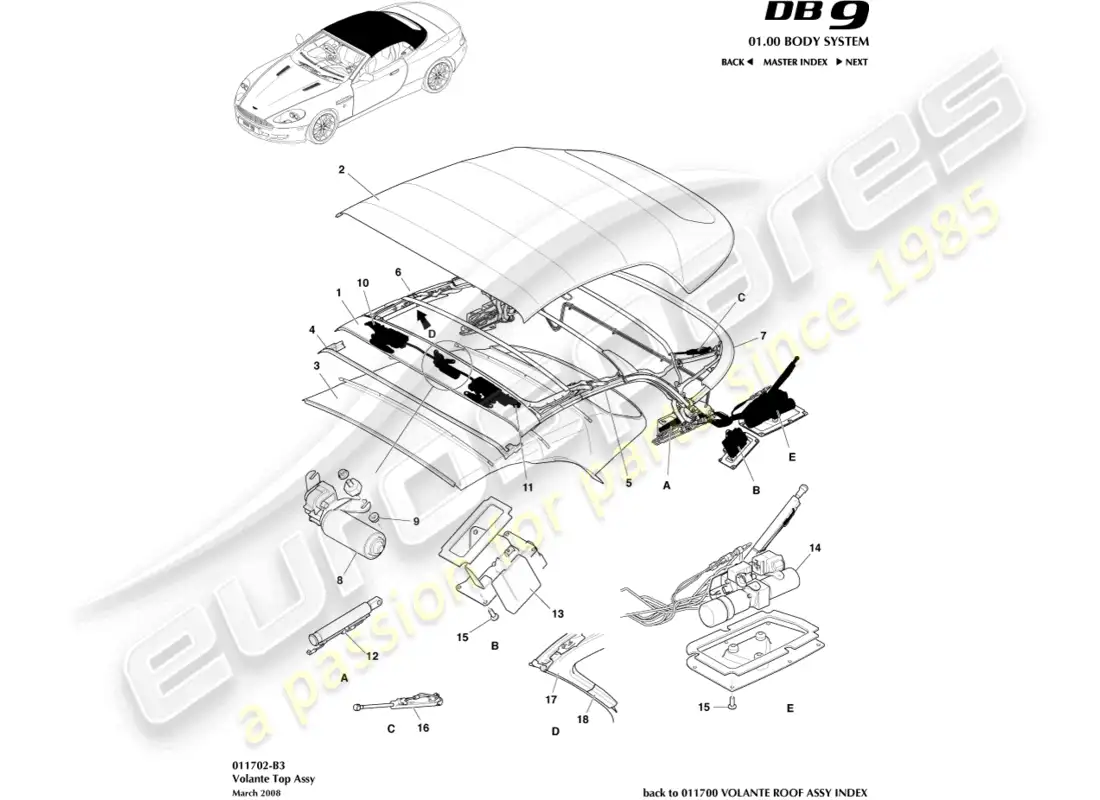 aston martin db9 (2012) montaje de techo volante diagrama de piezas