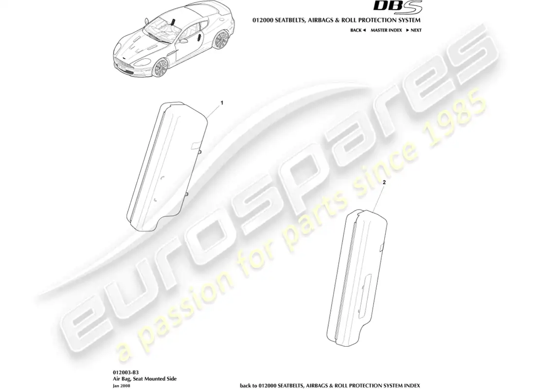 aston martin dbs (2008) bolsa de aire lateral diagrama de piezas