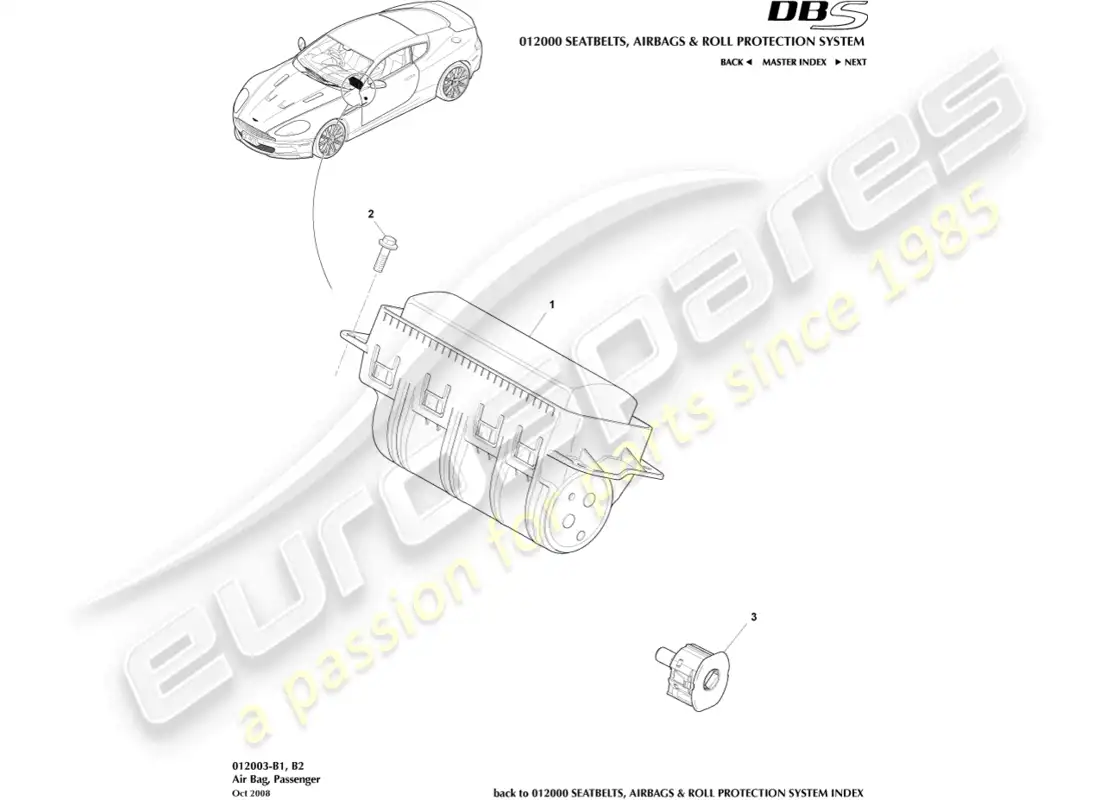 aston martin dbs (2008) bolsa de aire del pasajero diagrama de piezas