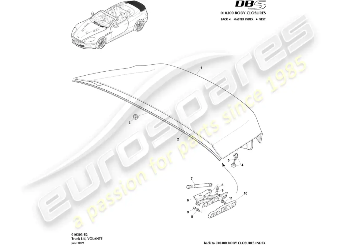 aston martin dbs (2011) tapa del maletero, volante diagrama de piezas