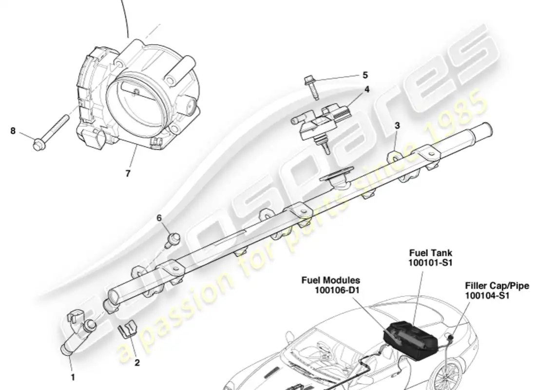 aston martin db9 (2005) control de carga de combustible diagrama de piezas