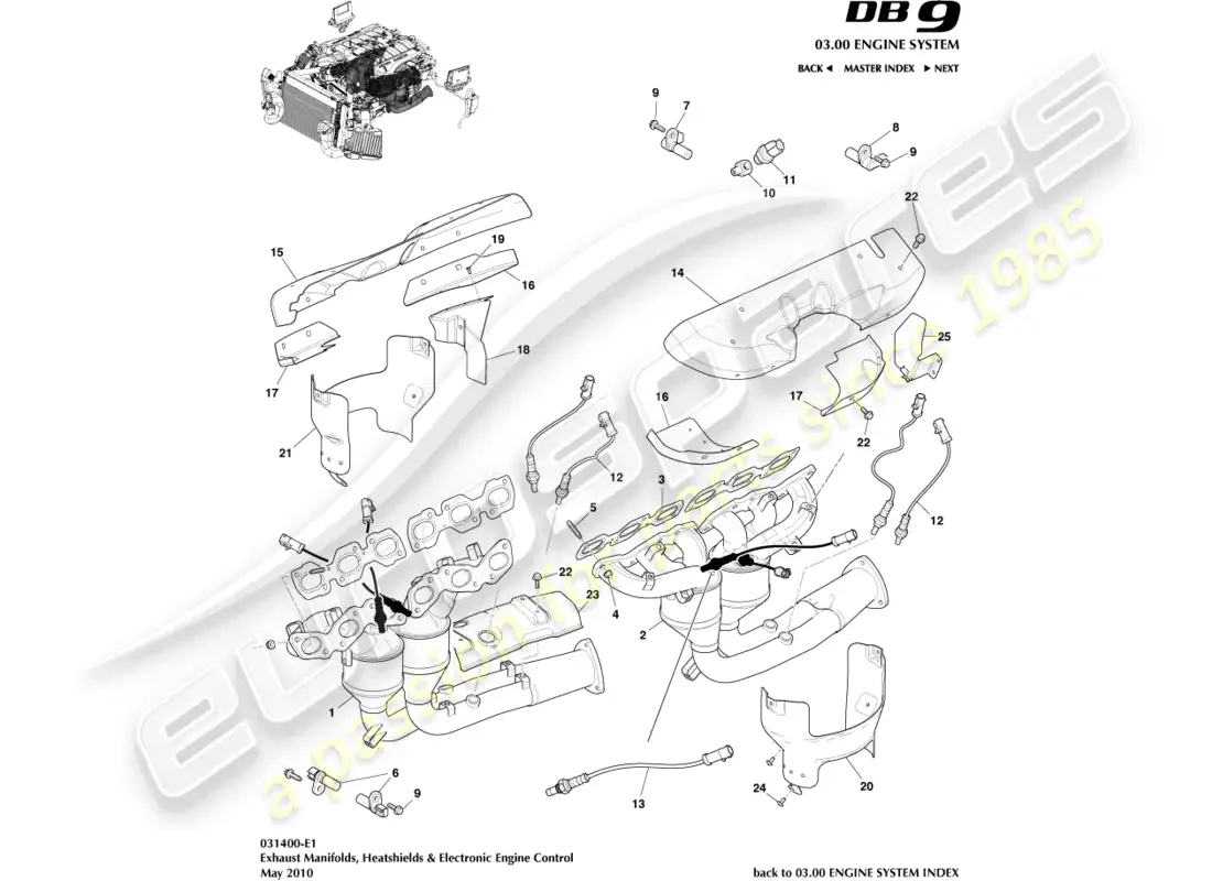 aston martin db9 (2005) colectores de escape diagrama de piezas