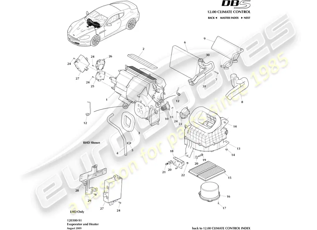 aston martin dbs (2014) evaporador y calentador diagrama de piezas