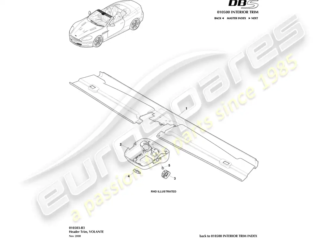 aston martin dbs (2013) embellecedor de cabecera, volante diagrama de piezas