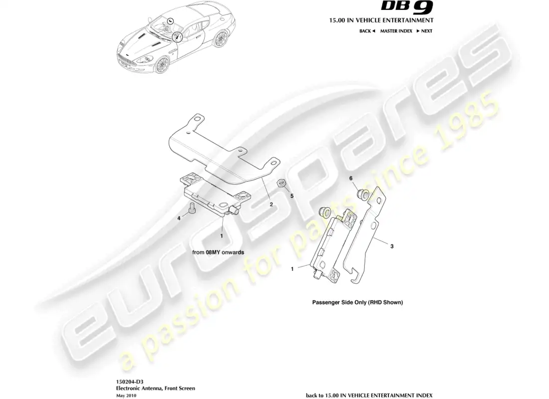 aston martin db9 (2012) antena electrónica, diagrama de piezas del parabrisas