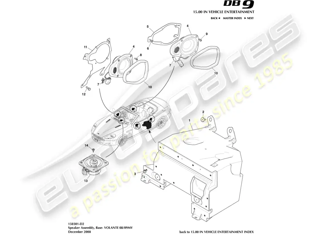 aston martin db9 (2012) diagrama de piezas de altavoz, base y volante