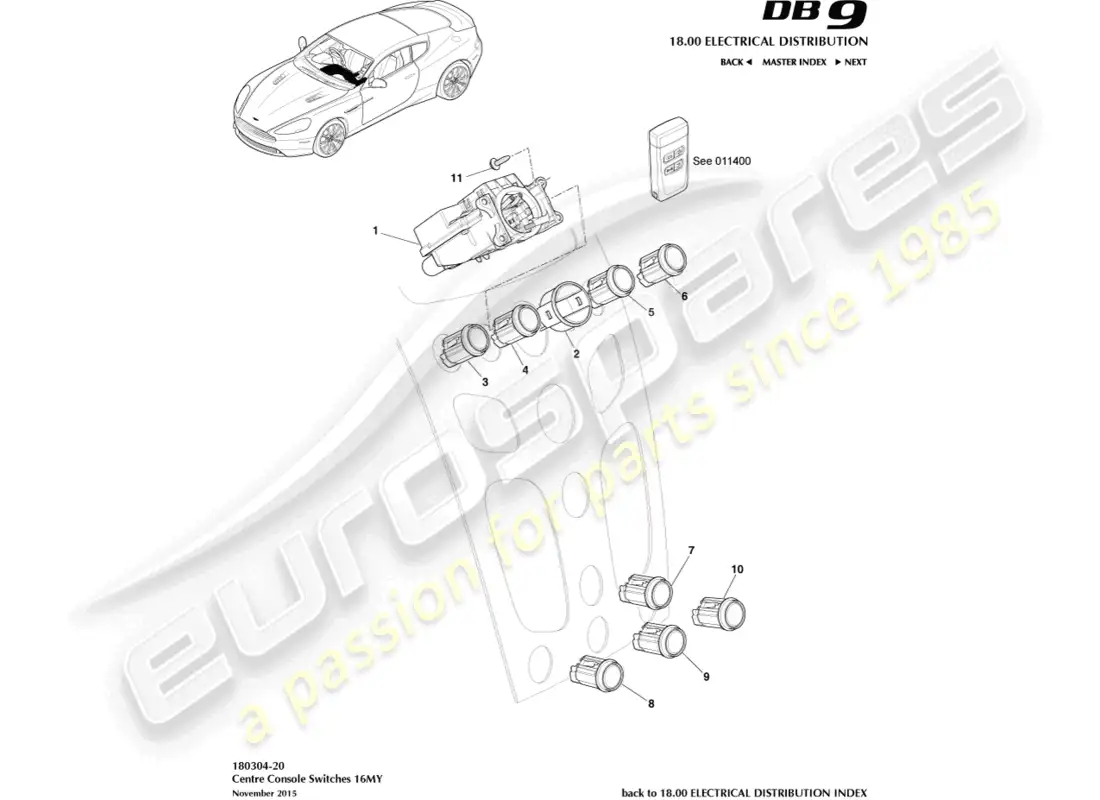 aston martin db9 (2016) interruptores de consola central, 16my encendido diagrama de piezas