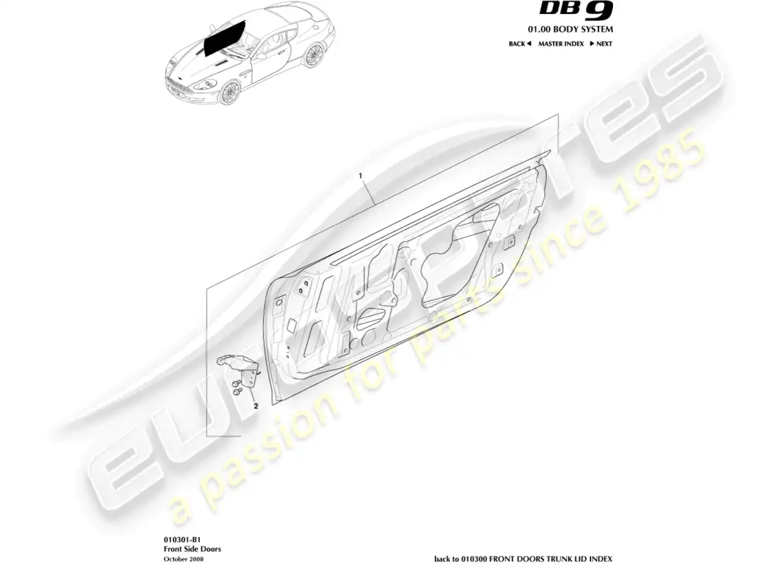 aston martin db9 (2004) puertas laterales delanteras diagrama de piezas