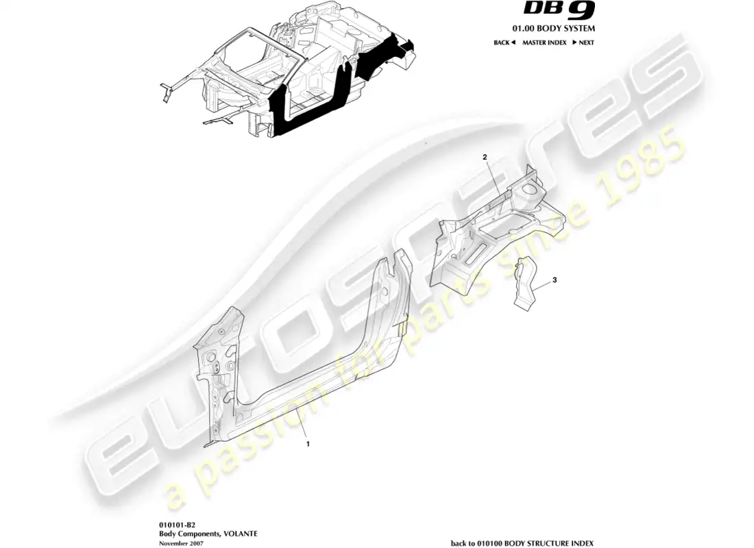 aston martin db9 (2005) body components, volante diagrama de piezas