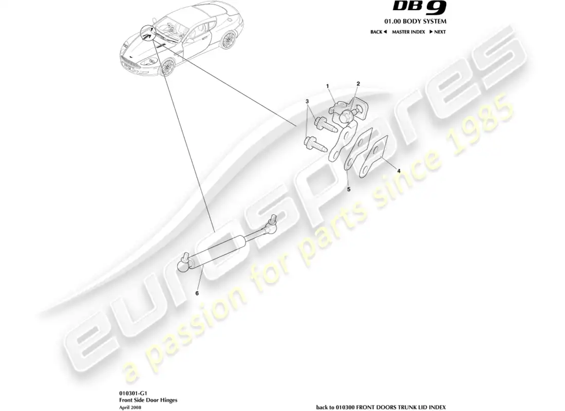 aston martin db9 (2004) bisagras de puerta diagrama de piezas