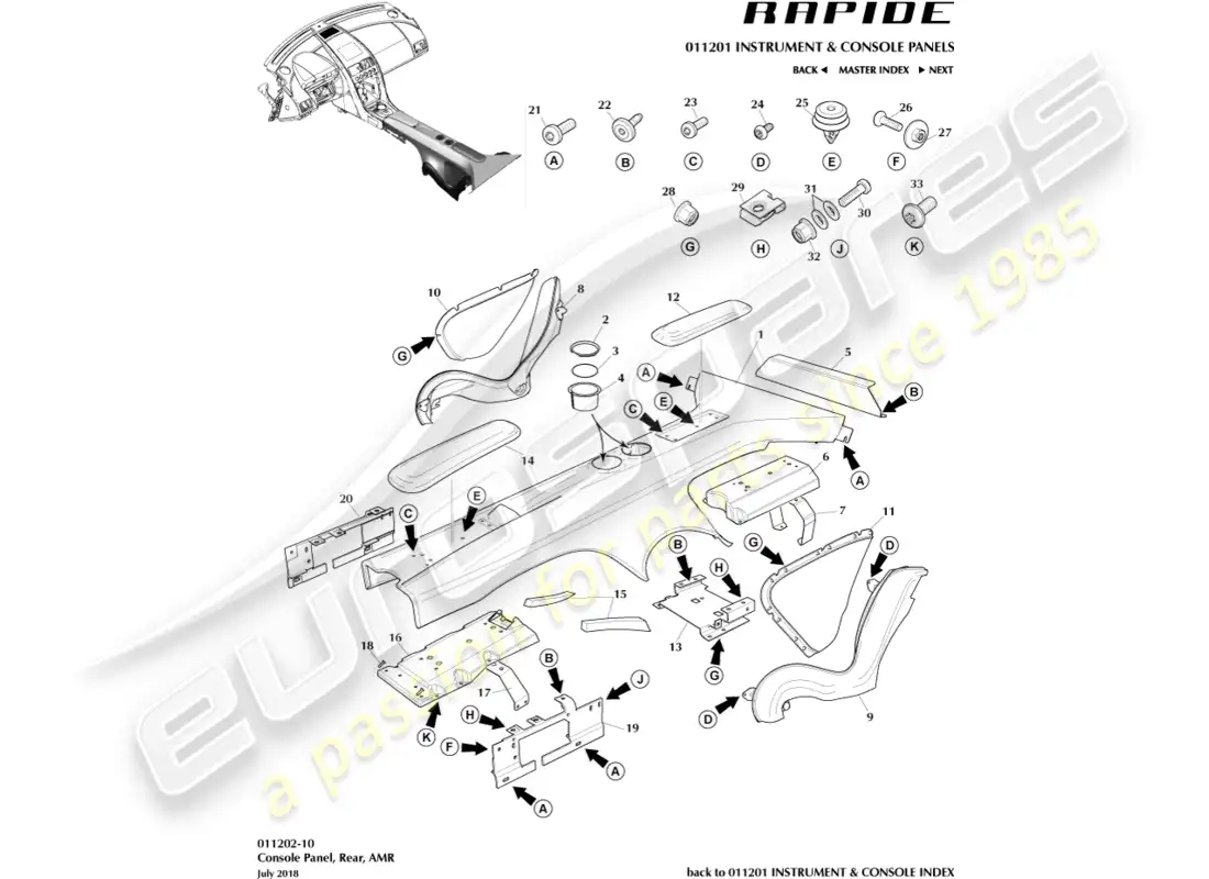 aston martin rapide (2016) consola trasera, amr diagrama de piezas