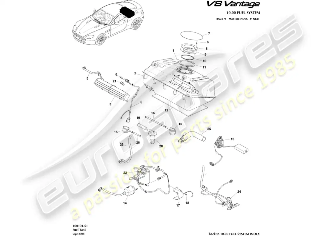 aston martin v8 vantage (2008) conjunto del tanque de combustible, al diagrama de pieza 13my
