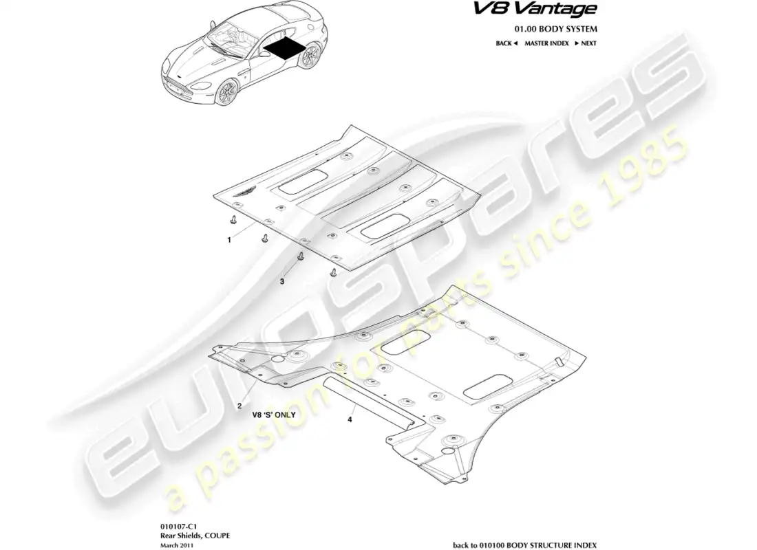 aston martin v8 vantage (2008) diagrama de piezas de los protectores traseros debajo del cuerpo