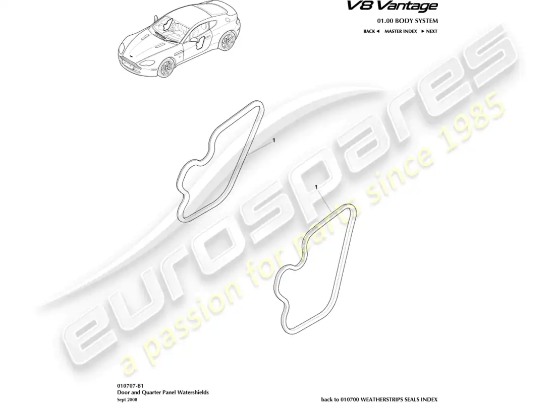 aston martin v8 vantage (2008) diagrama de piezas de watershields