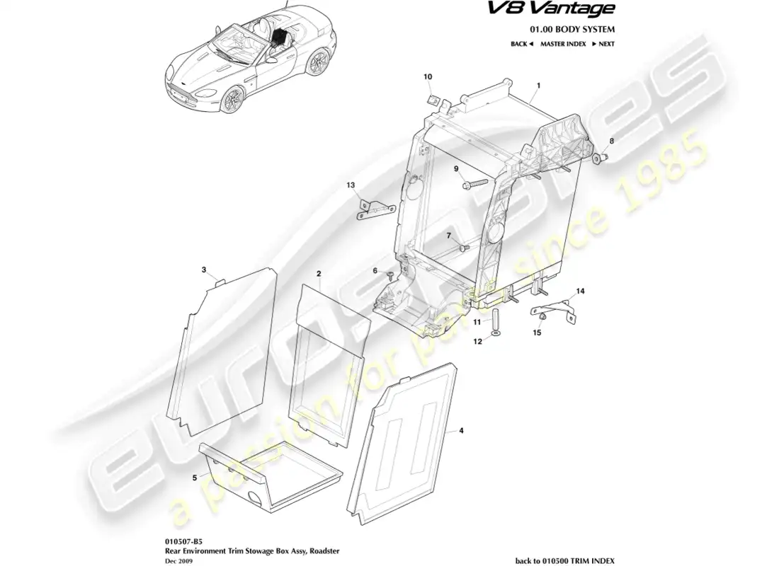 aston martin v8 vantage (2008) embellecedor ambiental trasero, diagrama de piezas del roadster