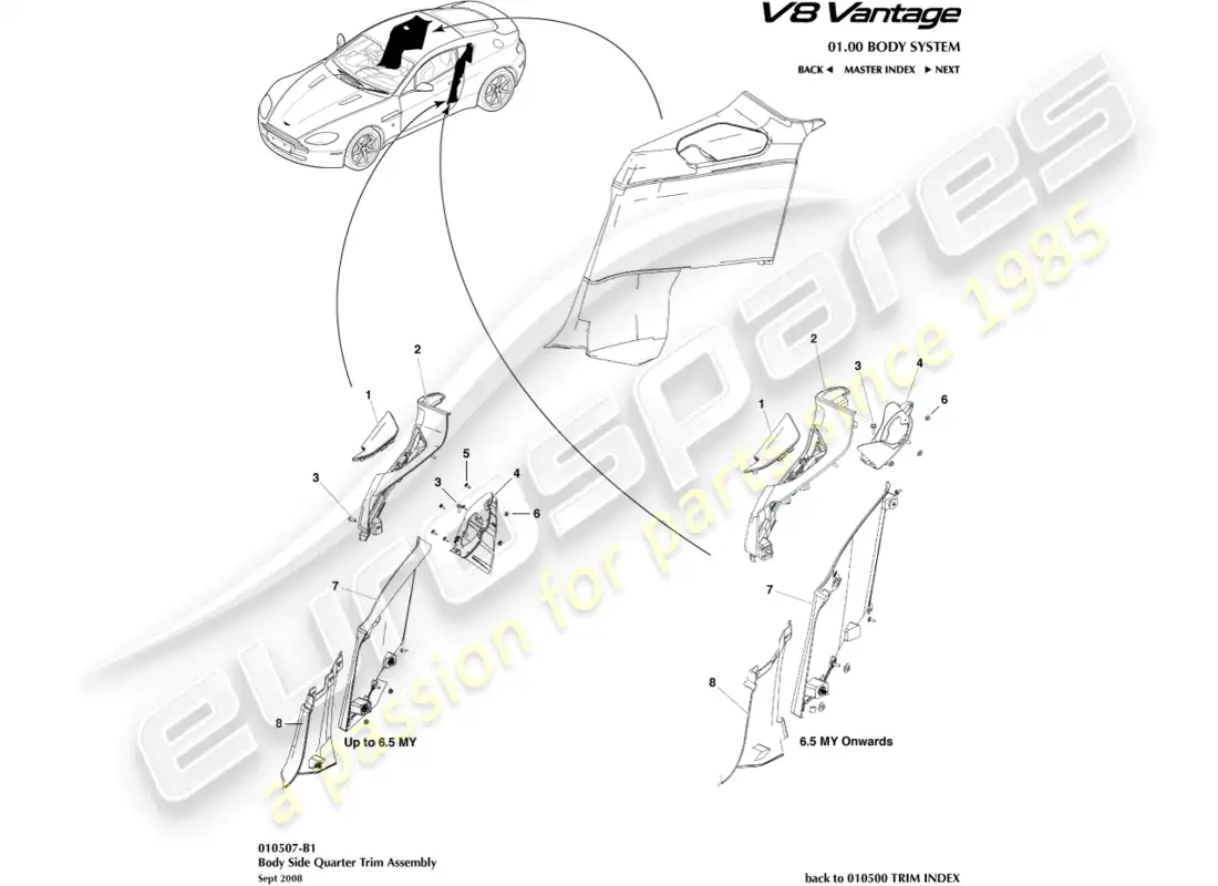 aston martin v8 vantage (2008) guarnecido lateral de la carrocería, diagrama de piezas del cupé