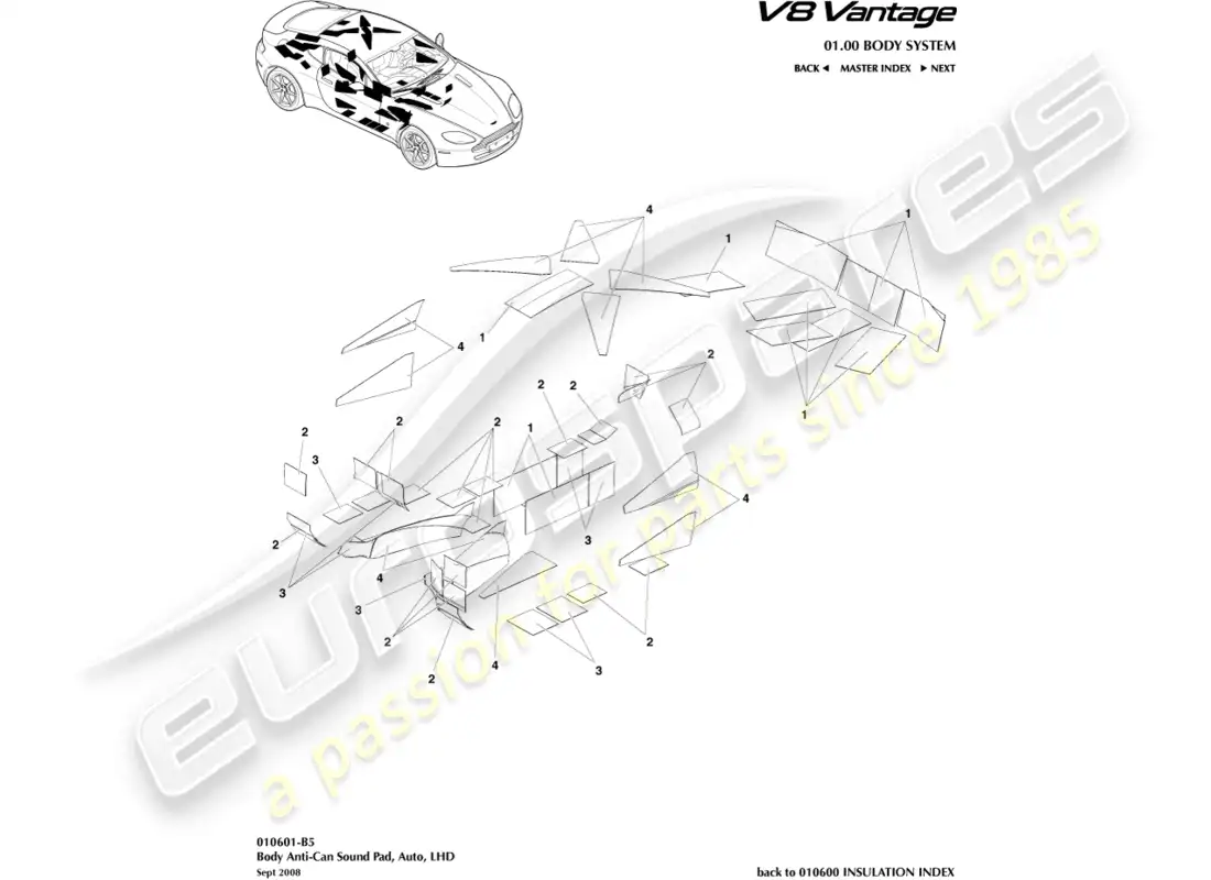 aston martin v8 vantage (2008) almohadillas de sonido anti-can, diagrama de piezas lhd