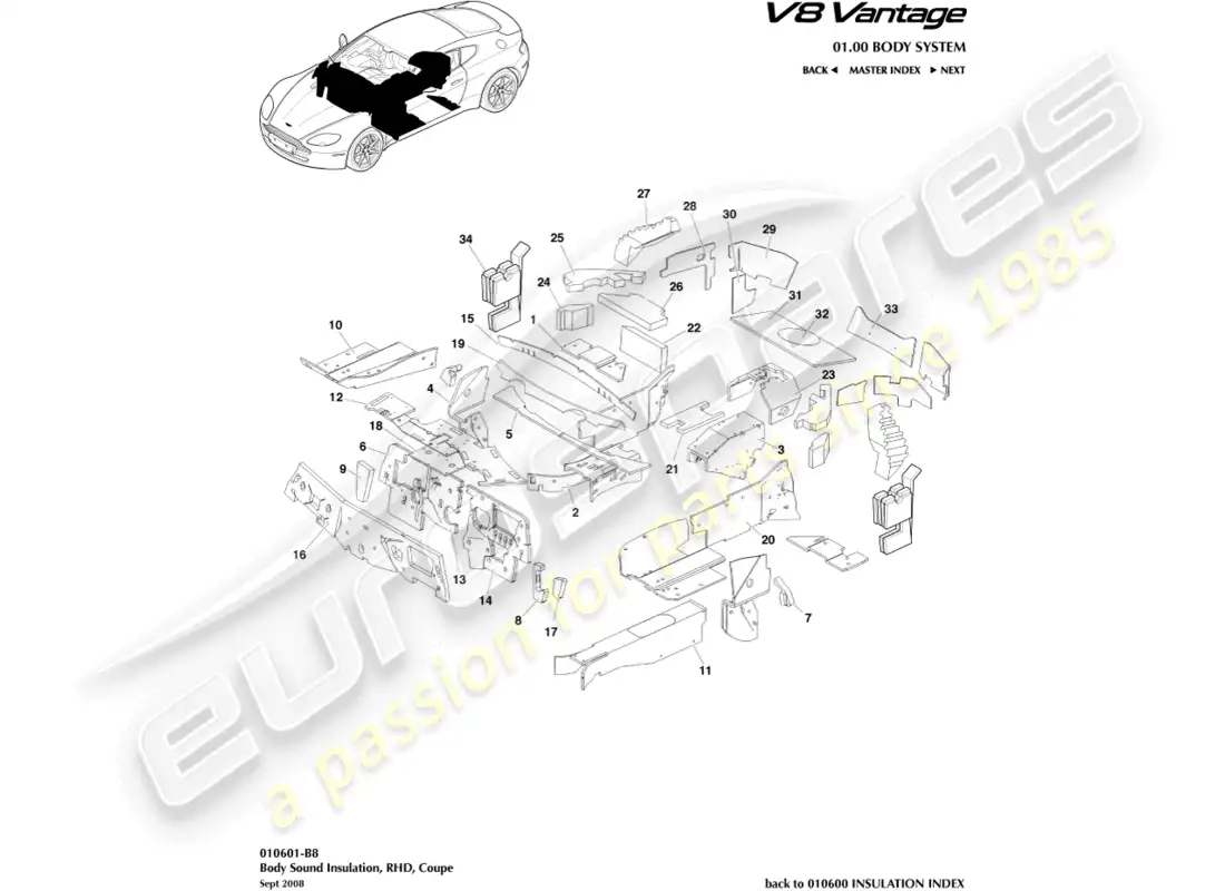 aston martin v8 vantage (2008) aislamiento de la carrocería, diagrama de piezas rhd