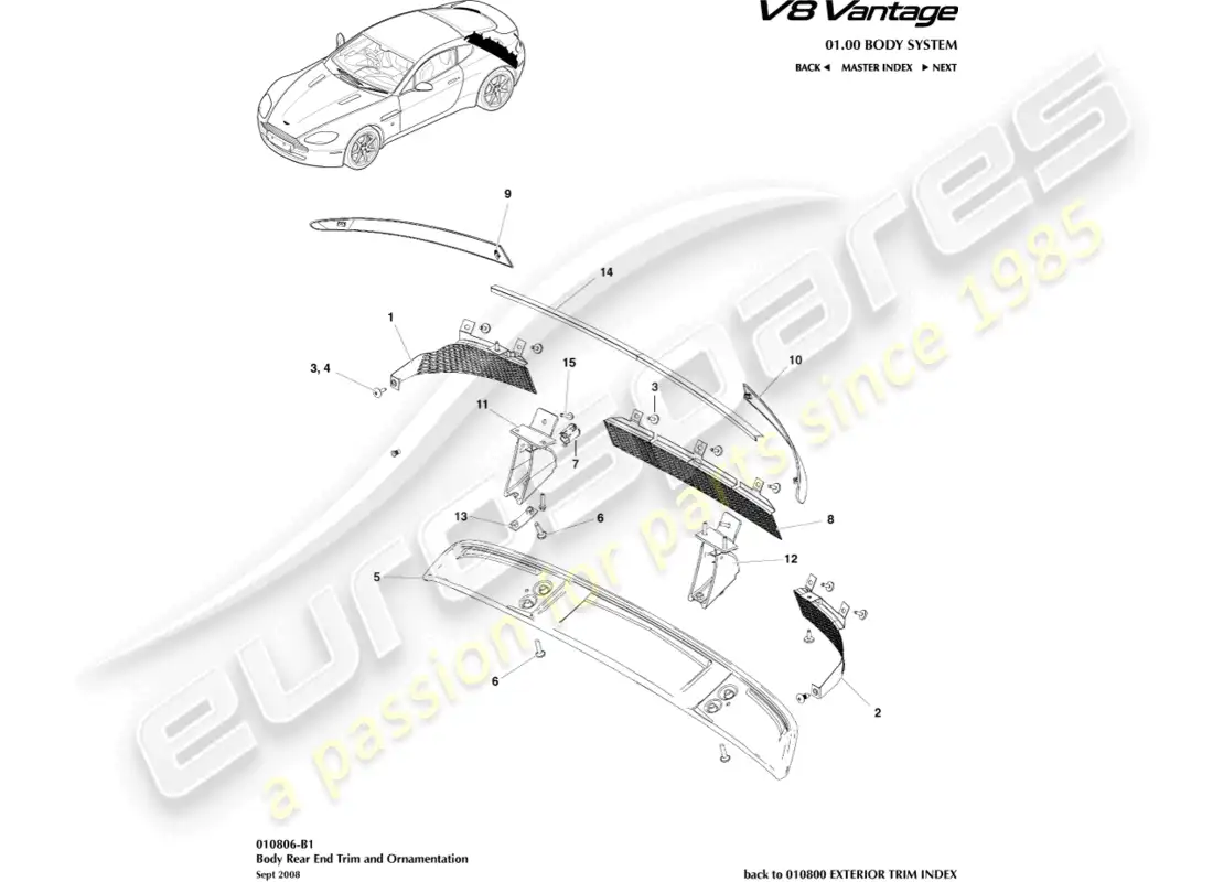 aston martin v8 vantage (2008) diagrama de piezas de moldura del extremo trasero de la carrocería
