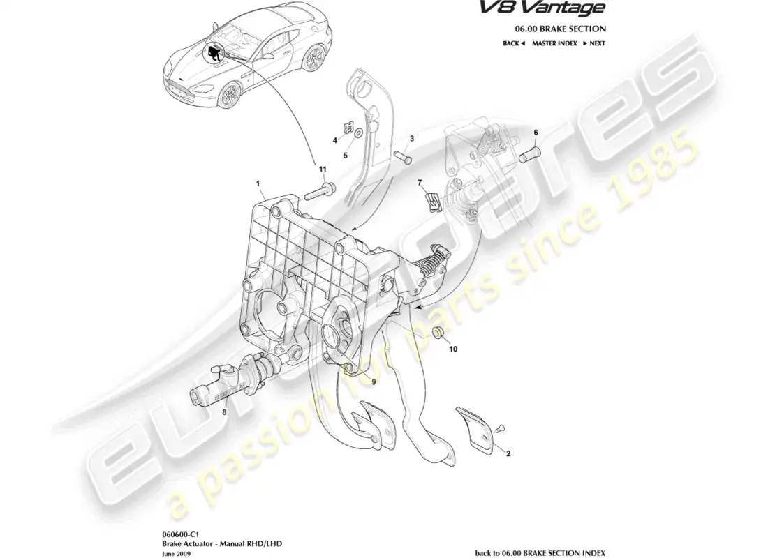 aston martin v8 vantage (2008) conjunto del actuador de freno, diagrama de piezas del manual