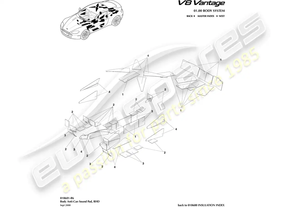 aston martin v8 vantage (2008) almohadillas de sonido anti-can, diagrama de piezas rhd