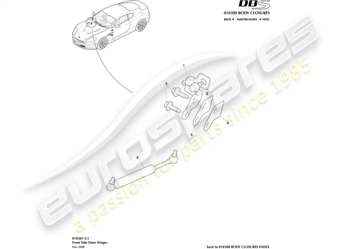 aston martin dbs (2011) bisagras de puerta diagrama de piezas