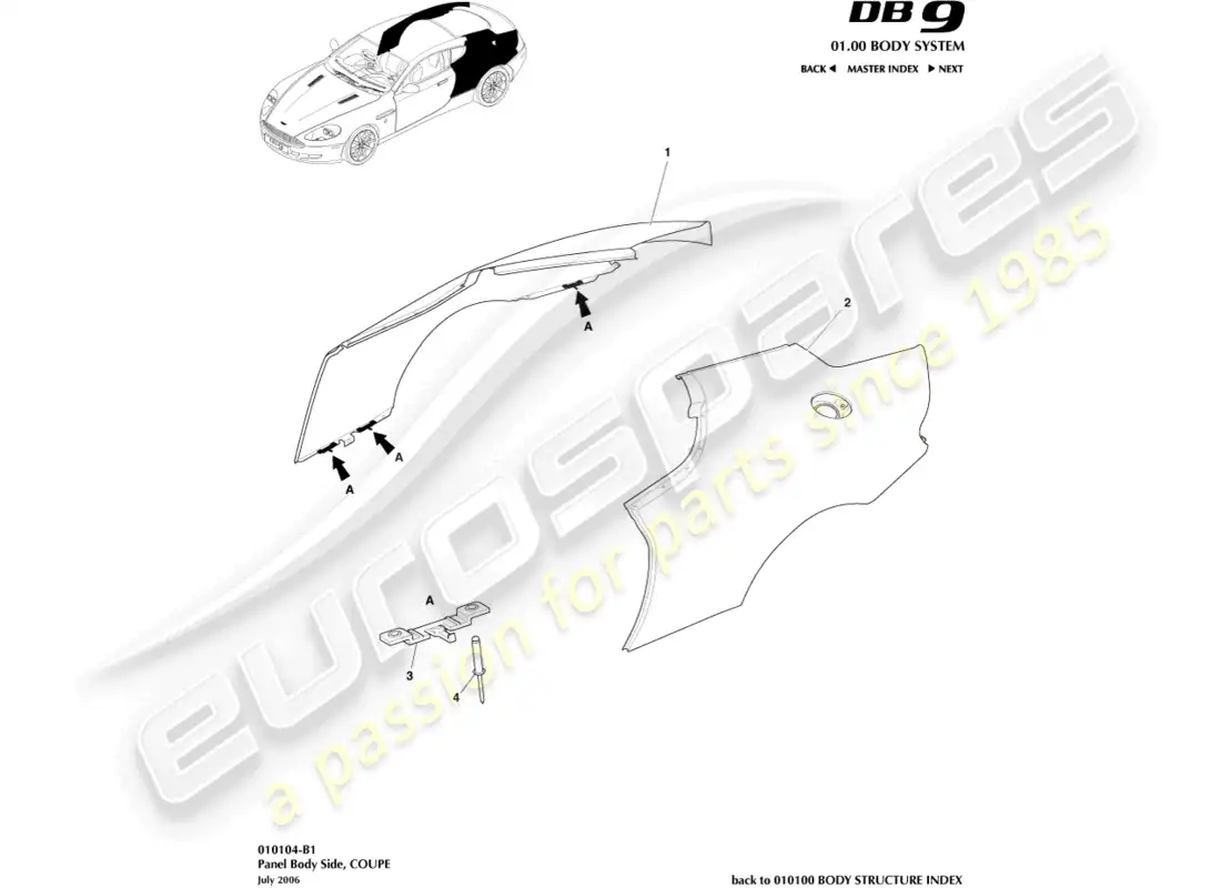 aston martin db9 (2012) panel lateral de la carrocería, diagrama de piezas del cupé