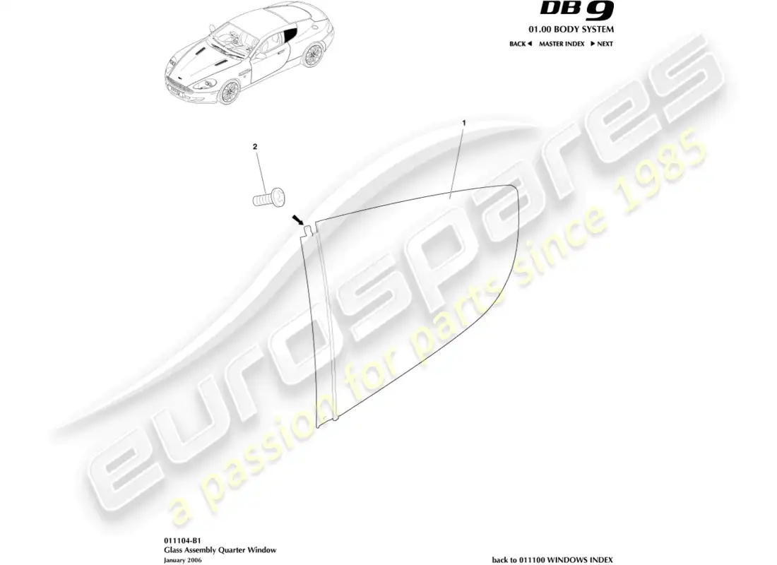 aston martin db9 (2012) vidrio trasero, cupé diagrama de piezas