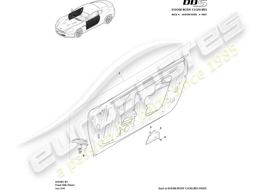 aston martin dbs (2011) puertas laterales delanteras diagrama de piezas