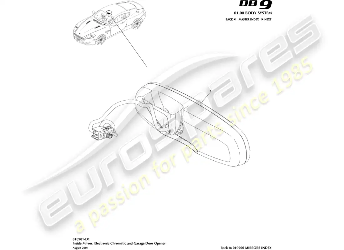 aston martin db9 (2012) interior mirror, chromatic, gdo diagrama de piezas