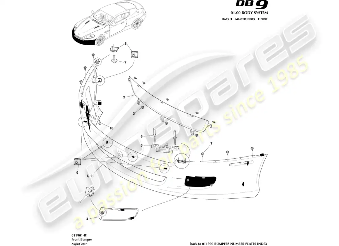 aston martin db9 (2012) diagrama de piezas del parachoques delantero