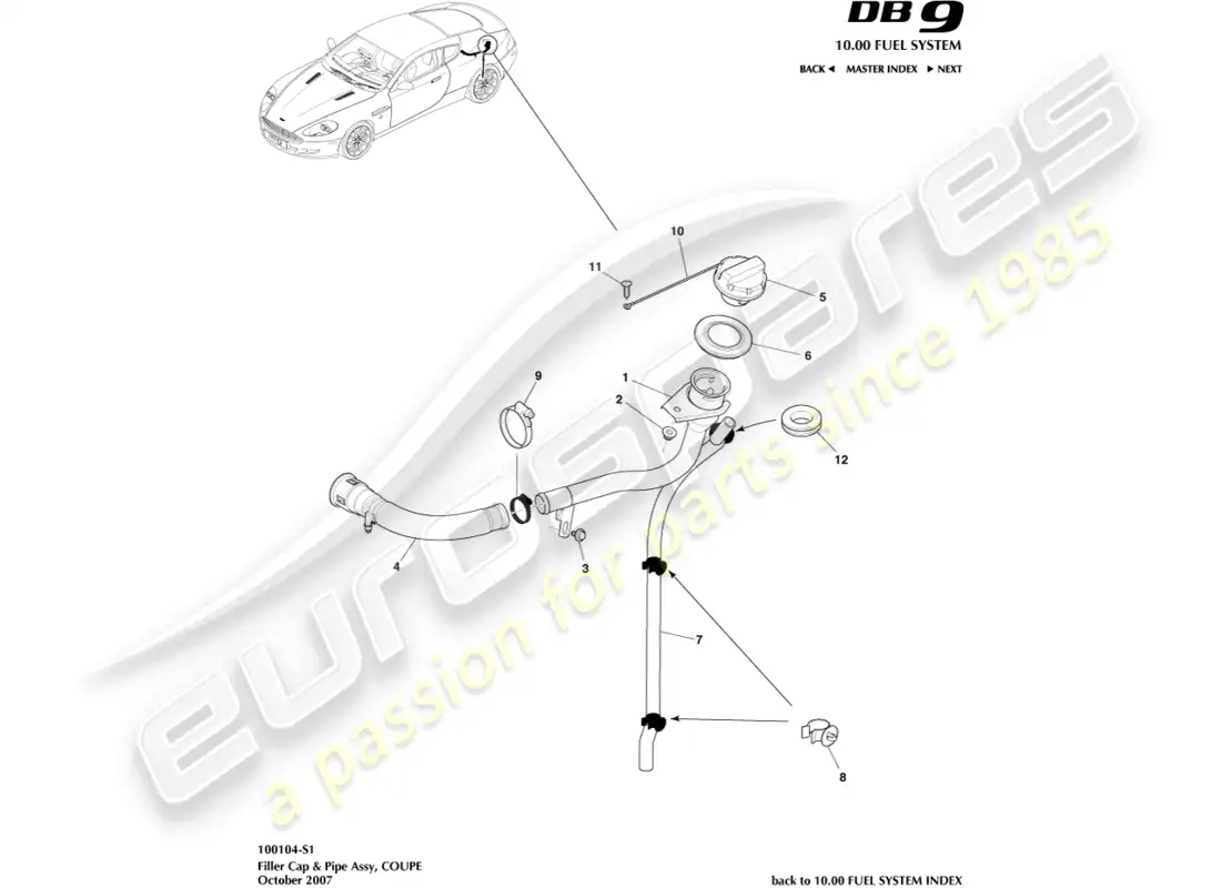 aston martin db9 (2012) tapón y tubo de llenado de combustible, cupé diagrama de piezas