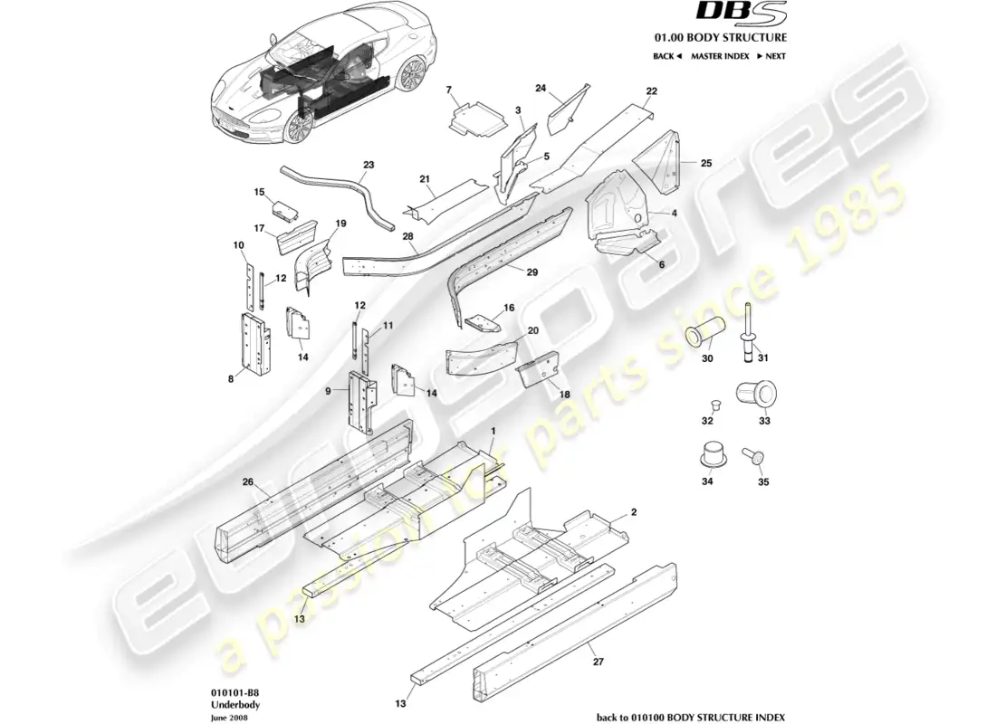 aston martin dbs (2008) diagrama de piezas de debajo de la carrocería
