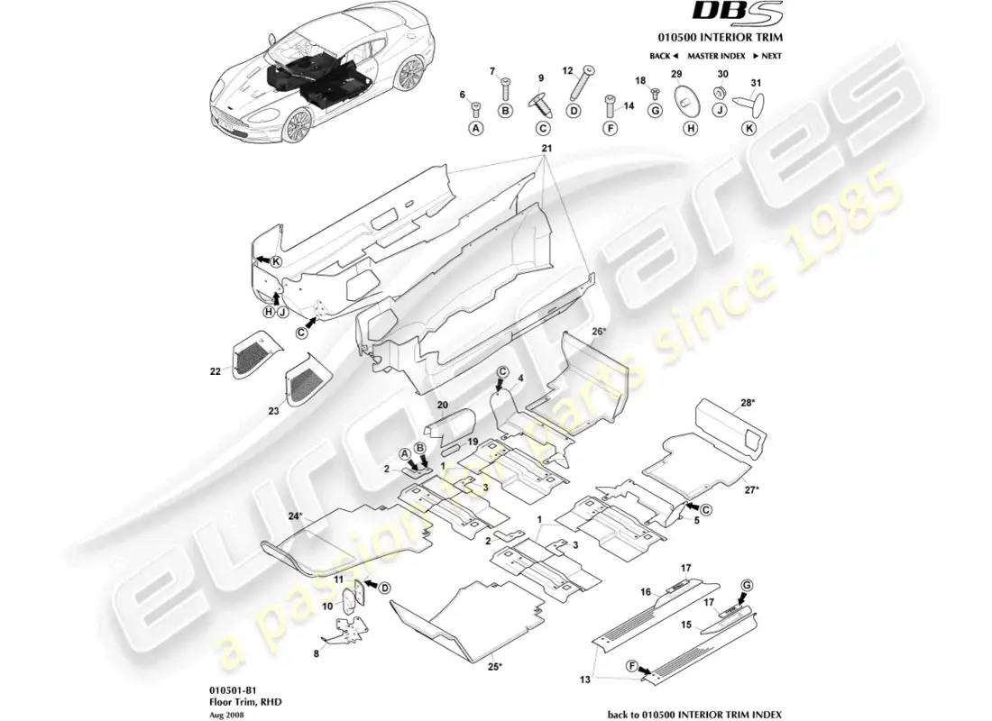aston martin dbs (2014) moldura de piso, lado derecho diagrama de piezas