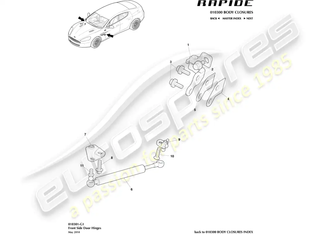 aston martin rapide (2011) conjunto de bisagra de puerta delantera diagrama de piezas