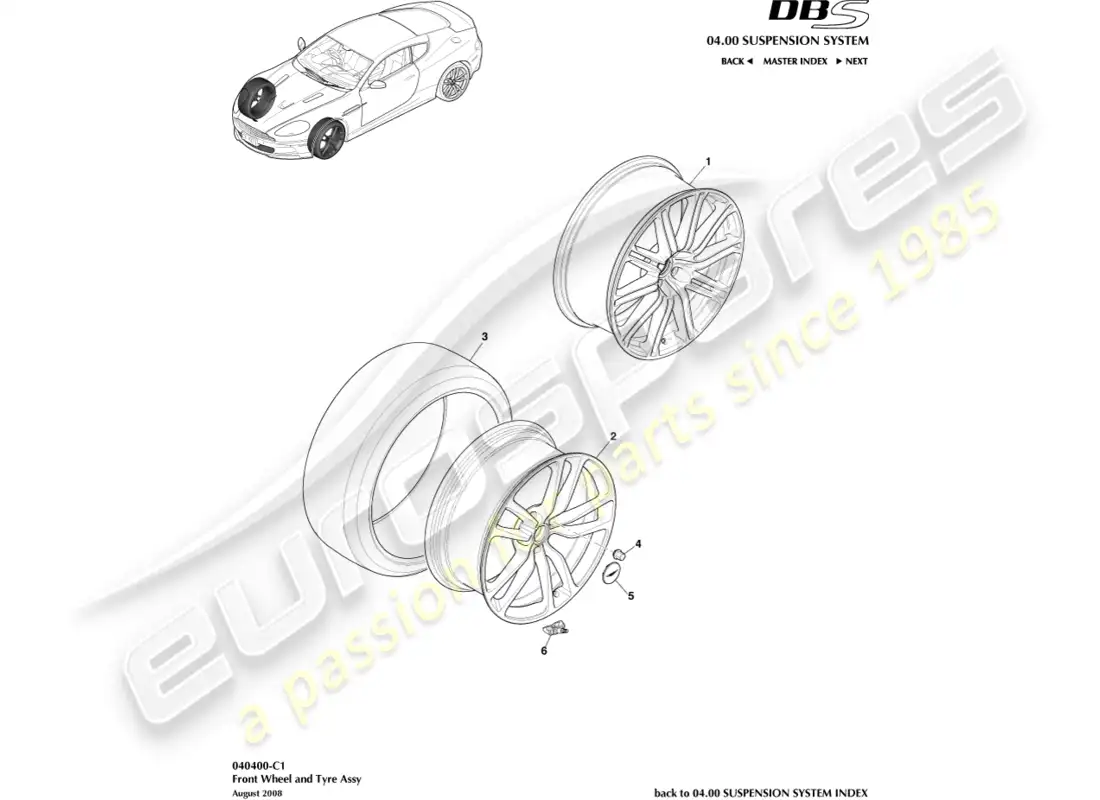 aston martin dbs (2009) ruedas y neumáticos delanteros diagrama de piezas