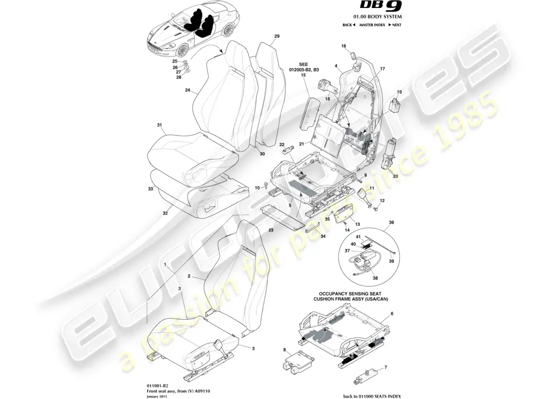 aston martin db9 (2012) asiento delantero desde (v) a09110 diagrama de piezas